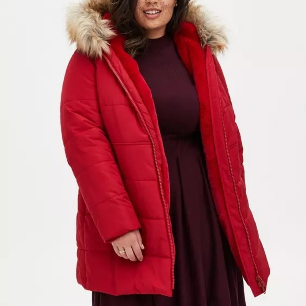 Torrid Red Puffer Jacket with Faux Fur Hoodv- Size 5